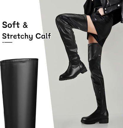 Black Thigh High Boots for Women - Trendy Over the Knee High Boots with Inner Zipper Long Calf Fashion Skinny Punk Boot Knight Style for Party Prom