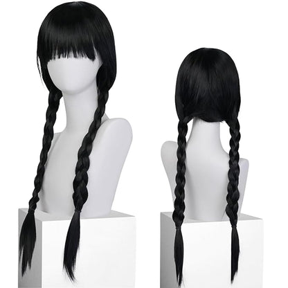 Wednesday Wig Black Cosplay Wig for Women Black Two Braids Wig for Halloween Costume Black Wig with Bangs Long Black Costume Wig for Party