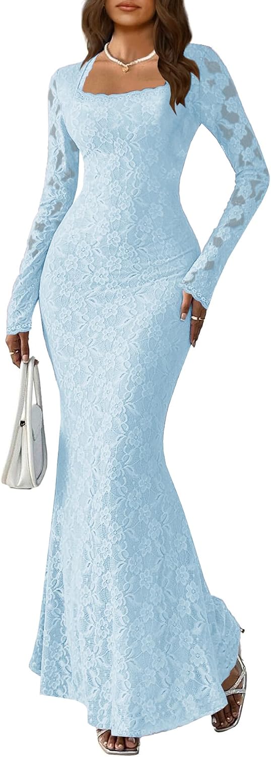 SHEIN , Dusty Blue Women Bodycon Maxi Dress Elegant Square Neck Long Sleeve Floral Lace Sexy Wedding Guest Cocktail Long Dresses New.