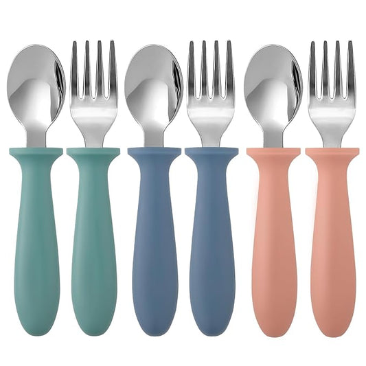 Pimoys 6 Pieces Toddler Utensils, Kids Silverware Set with Plastic Handle Stainless Steel Children Forks and Spoons, Dishwasher Safe