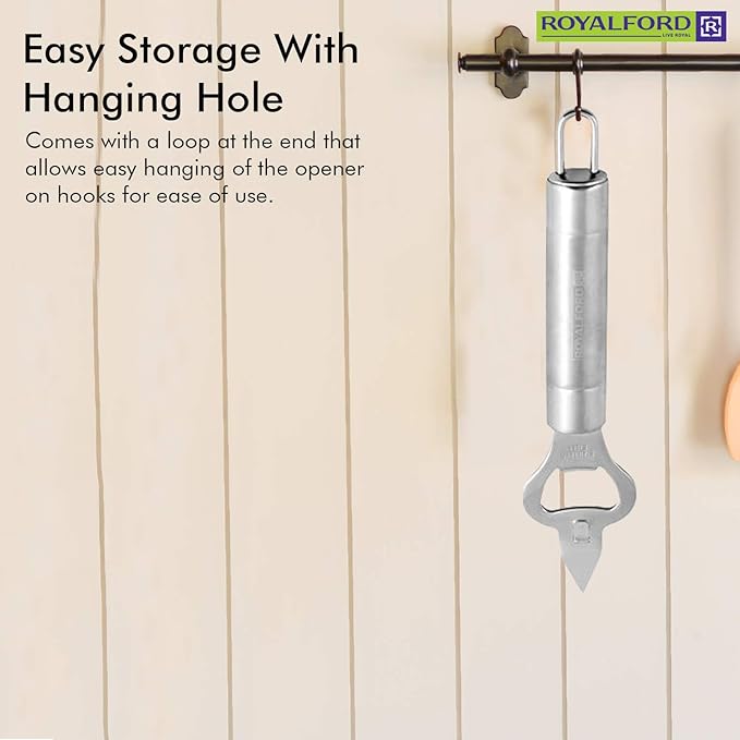 Stainless Steel Bottle Opener  Opener with forked Church Key and Crown Cork  Ideal for opening Bottles and Piercing Cans  Ergonomically Designed Handle with Hanging Loop  Stylish Design