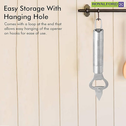 Stainless Steel Bottle Opener  Opener with forked Church Key and Crown Cork  Ideal for opening Bottles and Piercing Cans  Ergonomically Designed Handle with Hanging Loop  Stylish Design