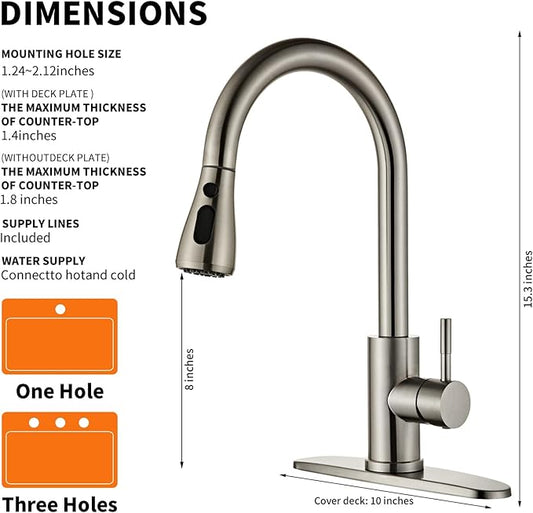 Kitchen Faucet with Pull Down Sprayer Brushed Nickel, High Arc Single Handle Sink Deck Plate, Commercial Modern rv Stainless Steel Faucets, Grifos De Cocina