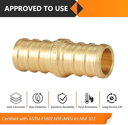 10-Pack PEX Fittings, 12"x12" Pex Straight Coupling, Brass Crimp Fitting for Pex Pipes, ASTM F1807