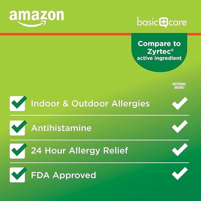Basic Care All Day Allergy, Cetirizine Hydrochloride Tablets, 10 mg, Antihistamine, 90 Count (Packaging may vary)