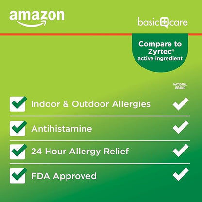 Basic Care All Day Allergy, Cetirizine Hydrochloride Tablets, 10 mg, Antihistamine, 90 Count (Packaging may vary)