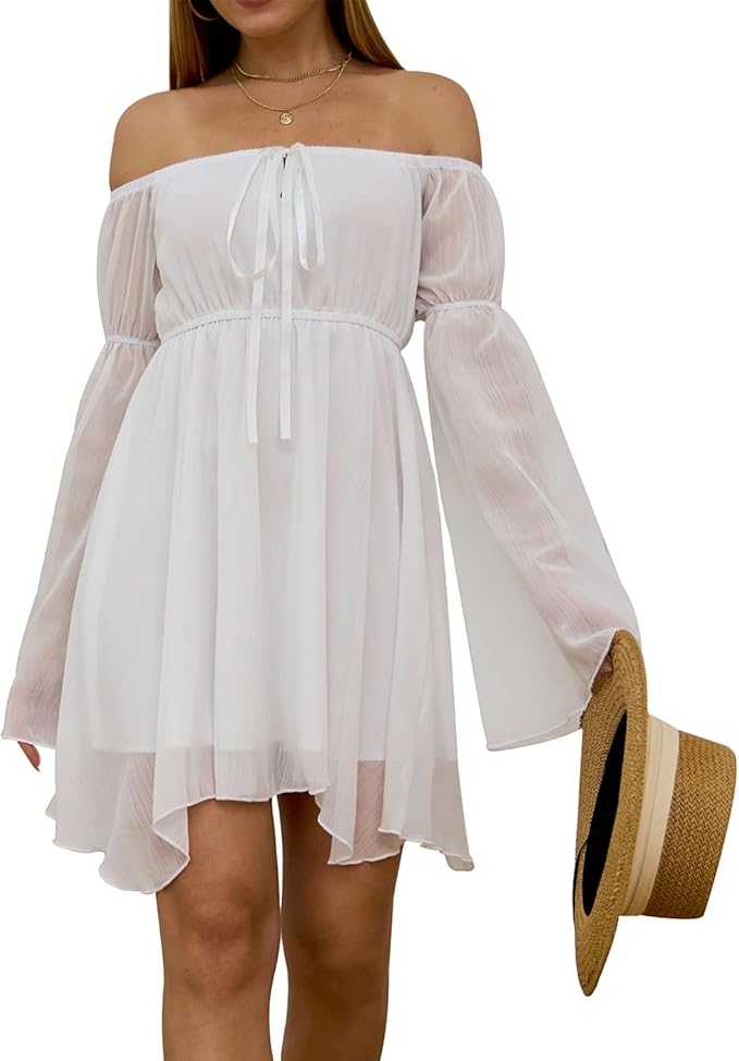 ETATNG Womens Summer Off Shoulder Bell Sleeve Lace Up High Waist Party Travel Irregular Mini A Line Dress
