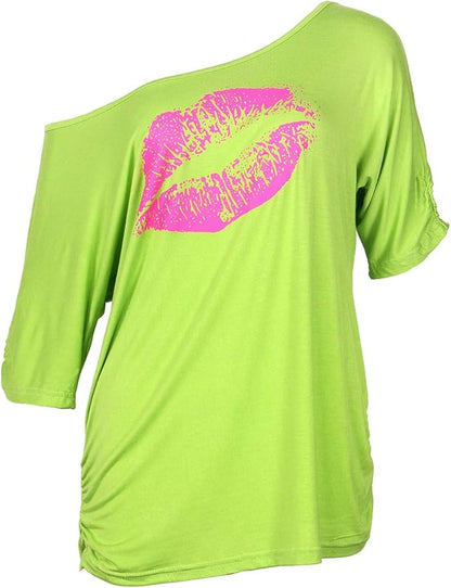 Smile Fish Women Casual Oversized Sexy Lips Print Off Shoulder T-Shirt
