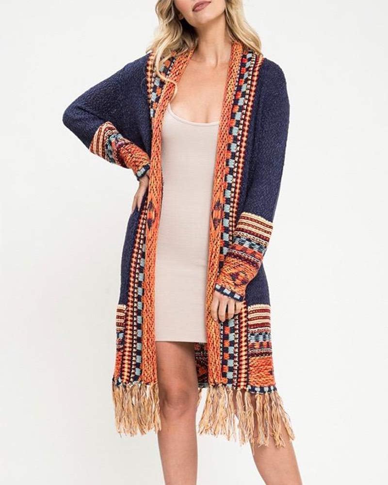Navy Blue With Yellow Colors FERBIA Women Boho Cardigan Sweater Long Open Front Maxi Knit Sweaters Aztec Tribal Tassel Fringe Thin Coat