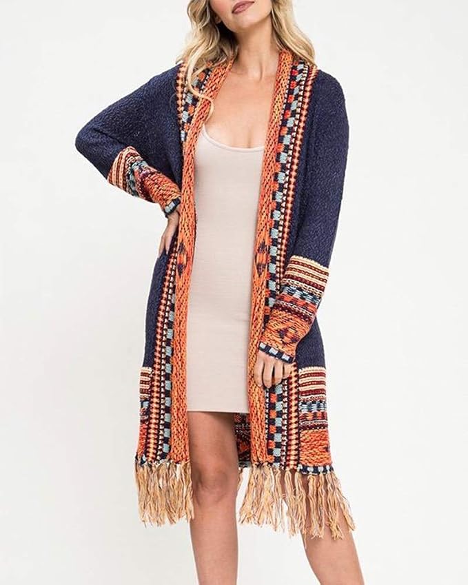 Navy Blue With Yellow Colors FERBIA Women Boho Cardigan Sweater Long Open Front Maxi Knit Sweaters Aztec Tribal Tassel Fringe Thin Coat