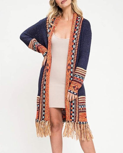 Navy Blue With Yellow Colors FERBIA Women Boho Cardigan Sweater Long Open Front Maxi Knit Sweaters Aztec Tribal Tassel Fringe Thin Coat