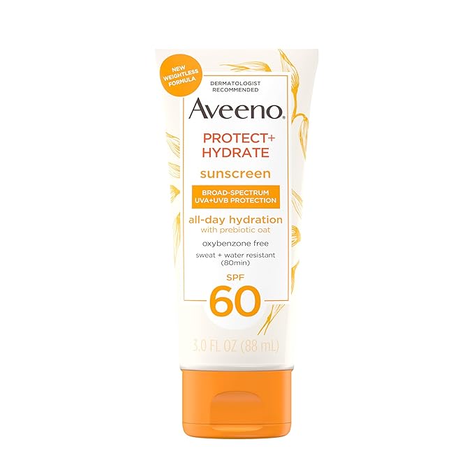 Aveeno Protect  Hydrate Moisturizing Body Sunscreen Lotion with Broad Spectrum SPF 60  Prebiotic Oat, Weightless  Refreshing Feel, Paraben-Free, Oil-Free, Oxybenzone-Free, 3.0 fl. oz