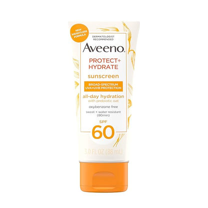 Aveeno Protect  Hydrate Moisturizing Body Sunscreen Lotion with Broad Spectrum SPF 60  Prebiotic Oat, Weightless  Refreshing Feel, Paraben-Free, Oil-Free, Oxybenzone-Free, 3.0 fl. oz