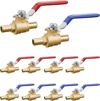VEVOR PEX Ball Valve, 10 Pieces (5 Red, 5 Blue), 1/2 in PEX Brass Ball Valve, PEX Full Port Brass Ball Valves, Quarter Turn Hot (Red) Cold (Blue) PEX Full Port Ball Valve, for Kitchen, Hydronic Heating, Bathroom