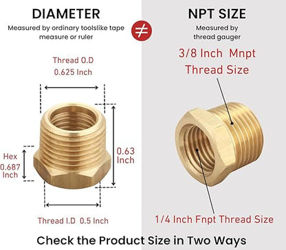 3/8 Inch Male x 1/4 Inch Female Reducing Adapter, NPT Brass Hex Bushing, Hex Head Pipe Fitting (Pack of 10)