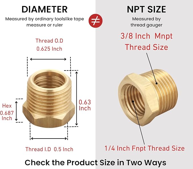 3/8 Inch Male x 1/4 Inch Female Reducing Adapter, NPT Brass Hex Bushing, Hex Head Pipe Fitting (Pack of 10)