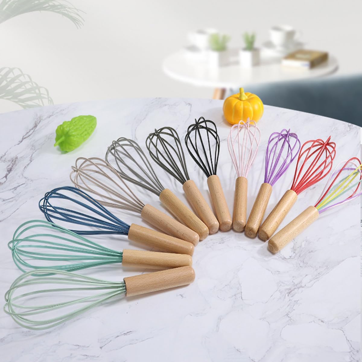 Carote 1-Piece Khaki Silicone Whisk with Wooden Handle BRIIEC 10-inch Non Stick Balloon Whisk Egg Beater for Pancake Batter, Eggs and Egg Whites, Cake Mix, Blending, Gravy and Sauces