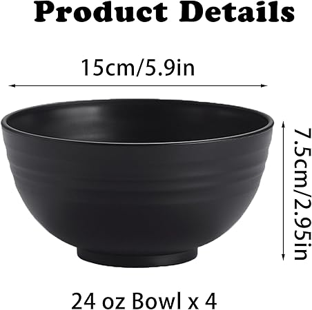 Unbreakable Wheat Straw Cereal Bowls Set of 4, 24 OZ Microwave and Dishwasher Safe Lightweight Soup and Salad Bowl Sets, Reusable Dessert Bowls for Rice, Pasta, Snack, Fruit, BPA Free (Black)