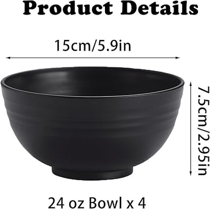 Unbreakable Wheat Straw Cereal Bowls Set of 4, 24 OZ Microwave and Dishwasher Safe Lightweight Soup and Salad Bowl Sets, Reusable Dessert Bowls for Rice, Pasta, Snack, Fruit, BPA Free (Black)