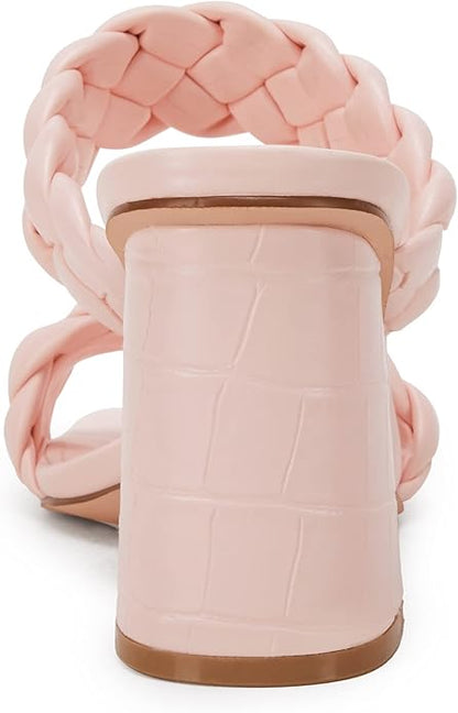 Syktkmx Women's Braided Heeled Sandals Backless Square Open Toe Block Slide Sandals