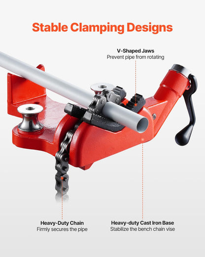 VEVOR Heavy-Duty Pipe Chain Vise, 1/2" - 8" Pipe Capacity, 34.6" Rugged Chain & Cast Iron Base, Industrial-Grade Pipe Clamping for Plumbing, Automotive Repairs, Metalworking (Bending Dies Not Included, Clamping Only)