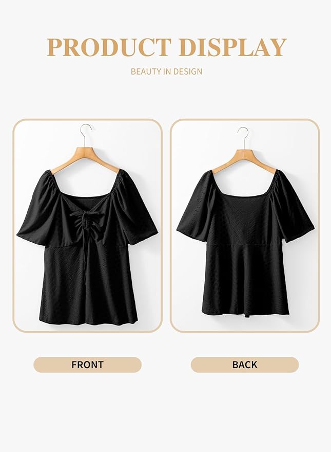 Eytino Womens Plus Size Tops Sweetheart Neck Short Sleeve Eyelet Embroidery Summer Loose Peplum Shirts(1X-5X)