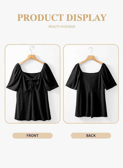 Eytino Womens Plus Size Tops Sweetheart Neck Short Sleeve Eyelet Embroidery Summer Loose Peplum Shirts(1X-5X)