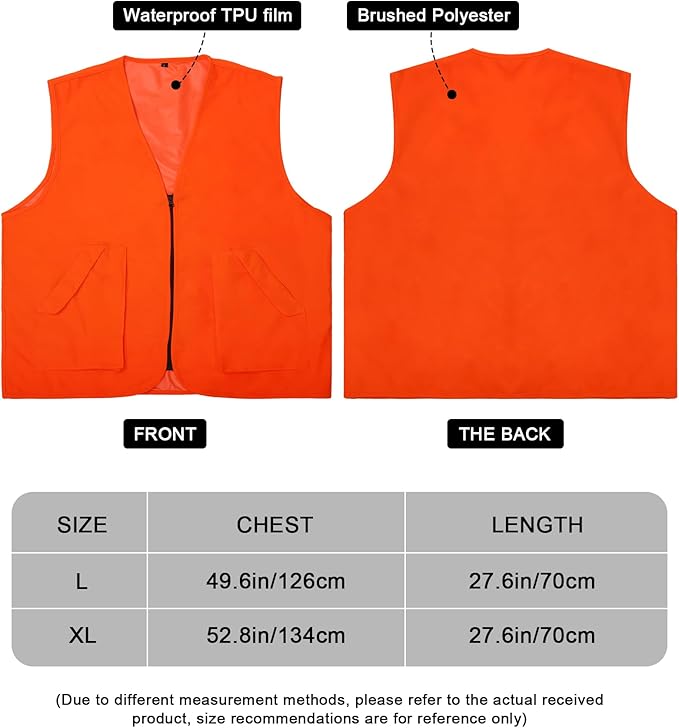 Roicaholy Men's Orange Hunting Vest, Waterproof and Ultra-Quilt Fabric, with Pockets, Zip Up