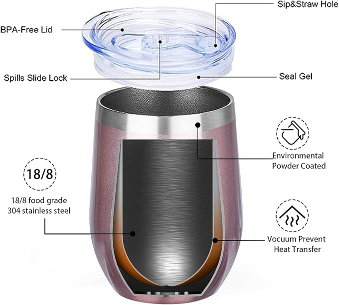 MEZMUT 12 Oz Insulated Wine Tumbler with Lid Double Wall Vacuum Stainless Steel Wine Glass Coffee Mug Insulated Tumbler Cup for Champaign, Cocktail, Beer (Rose Gold, 1 Pack)
