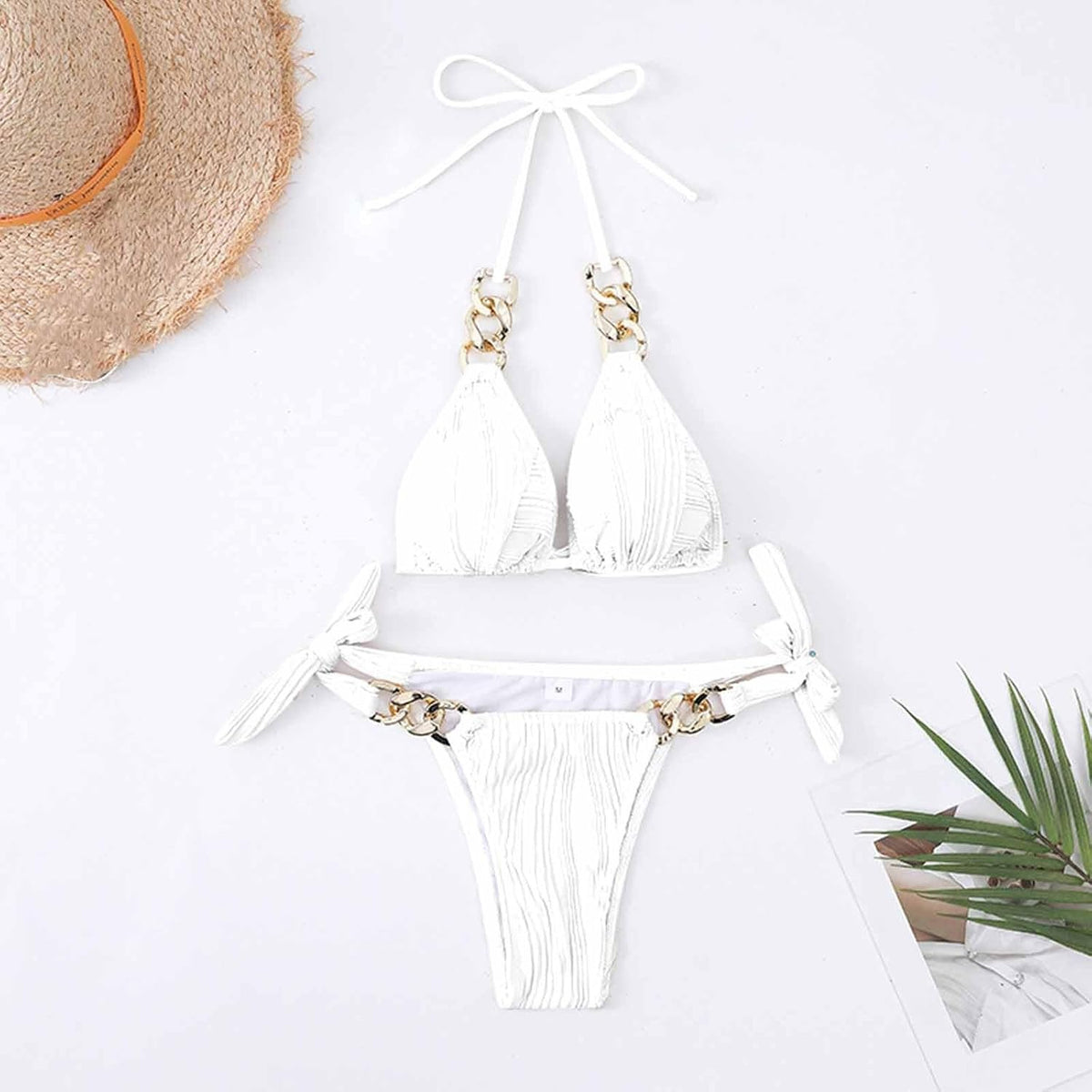Firzero Sexy Mesh Hollow Swimsuit Women Solid Color Two Piece Swimsuit Set Summer Bikini Sets Mid Waist Bottom Swimwear ( Size L-XL )