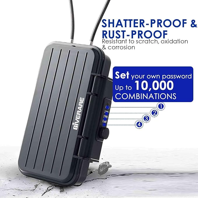 Portable Lock Box, 4-Digit Combination Safe Boxes with Detachable Cable, Anti-Theft Security Lockbox Outdoor, Small Resettable Personal Password Cash Case for Travel, Hotel, Dorm, Beach, Gym