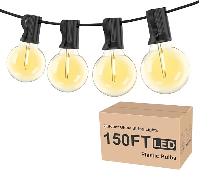 Outdoor String Lights 150ft, G40 Led Patio Lights with 75pcs Plastics Bulbs,Shatterproof Waterproof Connectable Hanging Globe Lights for Porch Cafe Bistro Backyard Gazebo Balcony Party