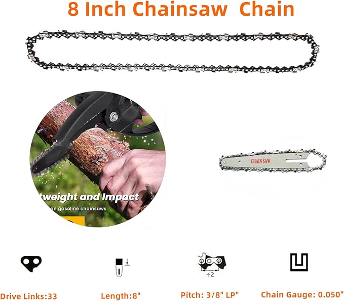 8 Inch Chainsaw Chain 38" LP Pitch .050" Gauge 33 Drive Links, 8 Inch Replacement Pole Saw Chains Compatible for Sun Joe SWJ800E SWJ806E, Chicago, Portland 62896, Greenworks, Oregon S33