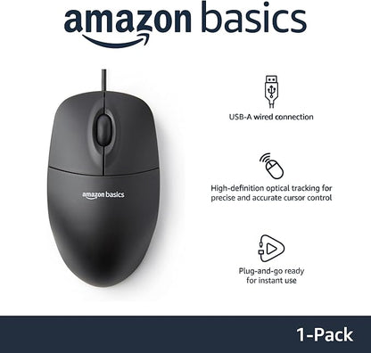 Basics Computer Mouse with 3-button USB cable (black), pack of 1