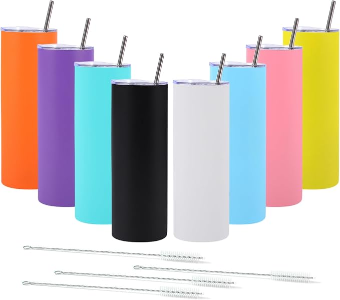 8 Pack Skinny Tumblers with Straws and Lids, 20oz Powder Coated Stainless Steel Slim Tumbler Double Wall Vacuum Insulated Coffee Cups for Hot Cold Drink (Mixed color)
