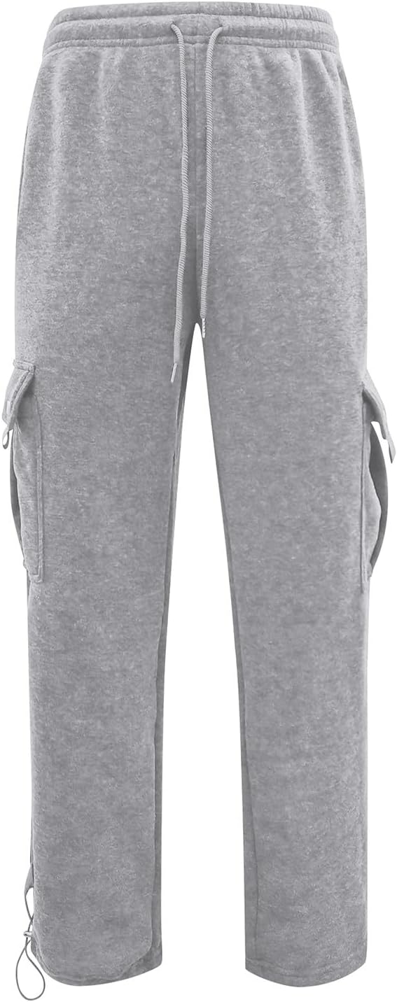 Men's Heavyweight Cargo Fleece Sweatpants Athletic Running Fashion Trousers Drawstring Loose Fit Joggers with Pockets