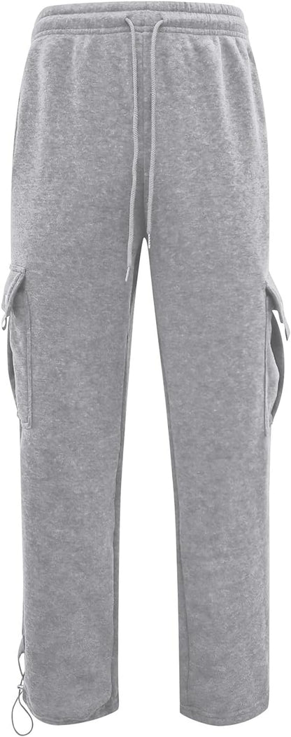 Men's Heavyweight Cargo Fleece Sweatpants Athletic Running Fashion Trousers Drawstring Loose Fit Joggers with Pockets