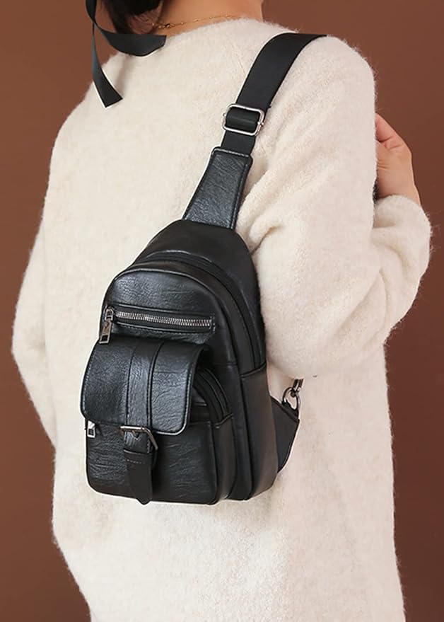 Women Chest Bag Sling Bag Multiple pockets Crossbody Bags Casual Daypacks Purse-Black