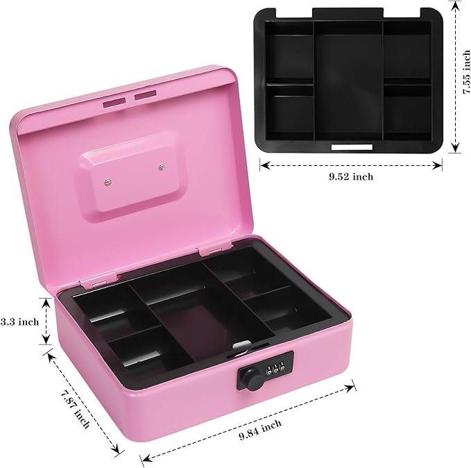 Secure Steel Cash Box with Combination Lock and Removable Tray – Metal Money Organizer for Home and Office Use (Pink - Large)