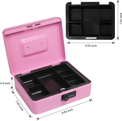 Secure Steel Cash Box with Combination Lock and Removable Tray – Metal Money Organizer for Home and Office Use (Pink - Large)