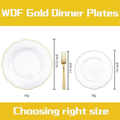 WDF 60pcs Gold Plastic Plates Gold Rimmed Plastic Plates -10.25inch Baroque White And Gold Plastic Wedding Plates Disposable Dinner Plates for Upscale Parties &Wedding