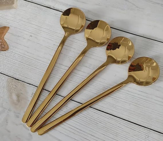 Gold Stainless Steel Espresso Spoons, 5.3 Inch Long Handle Coffee Spoon Mini Teaspoons for Sugar Dessert Cake Ice Cream Soup Honey (4 Pack)
