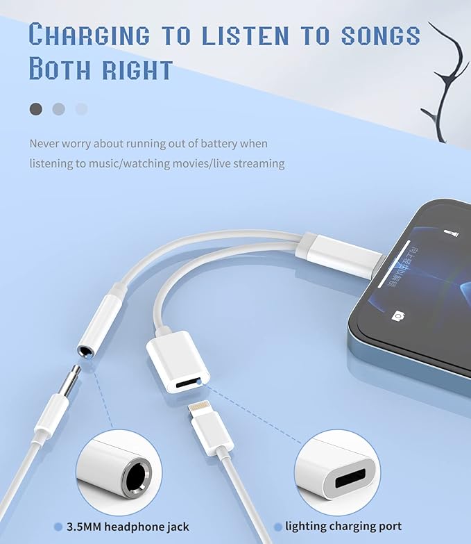 Iphone AUX Adapter for Headphone Jack Cable Dongle 2in1 Lightning to 3.5mm Splitter Charge Cord MFI Certified Audio Charging Adaptador Para for 13 12 11 Pro Max Mini X 8 7 Plus Ipad Music Earbud