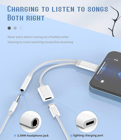 Iphone AUX Adapter for Headphone Jack Cable Dongle 2in1 Lightning to 3.5mm Splitter Charge Cord MFI Certified Audio Charging Adaptador Para for 13 12 11 Pro Max Mini X 8 7 Plus Ipad Music Earbud