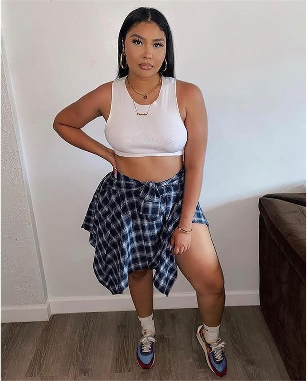 Women Plaid High Waisted Asymmetrical Skater Skirt | Soft Fabric, knot front design, versatile pleated midi skirts, 90s outfits, trendy y2k grunge style, concert daily wear