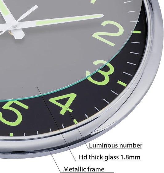 Wall Clock 12 inch Glow in The Dark Wall Clocks Battery Operated Night Lighted Large Wall Clocks Silent Non Ticking Silver Analog Clock for Living Room Kitchen Bedrooms Office Farmhouse Home Decor