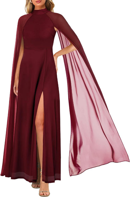 Aisbei Women's Elegant Mock Neck Slit A Line Flowy Maxi Dress Evening Gowns Party Formal Wedding Guest Dresses with Cape