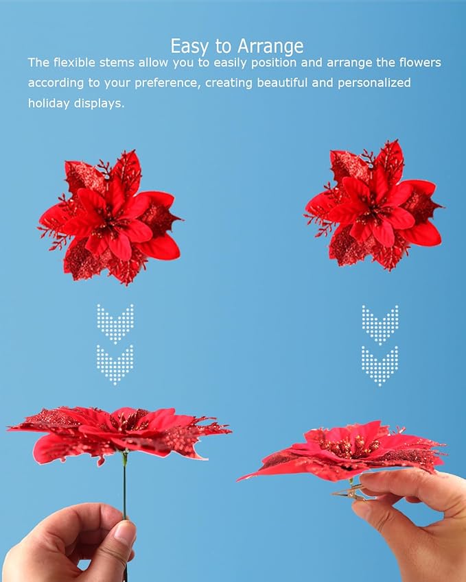 Artificial Poinsettias Christmas Flowers, 12 Pcs Fake Christmas Flowers with Clips and Stems for Wreath Garland, Wedding, Holiday Christmas Tree Ornaments Decor