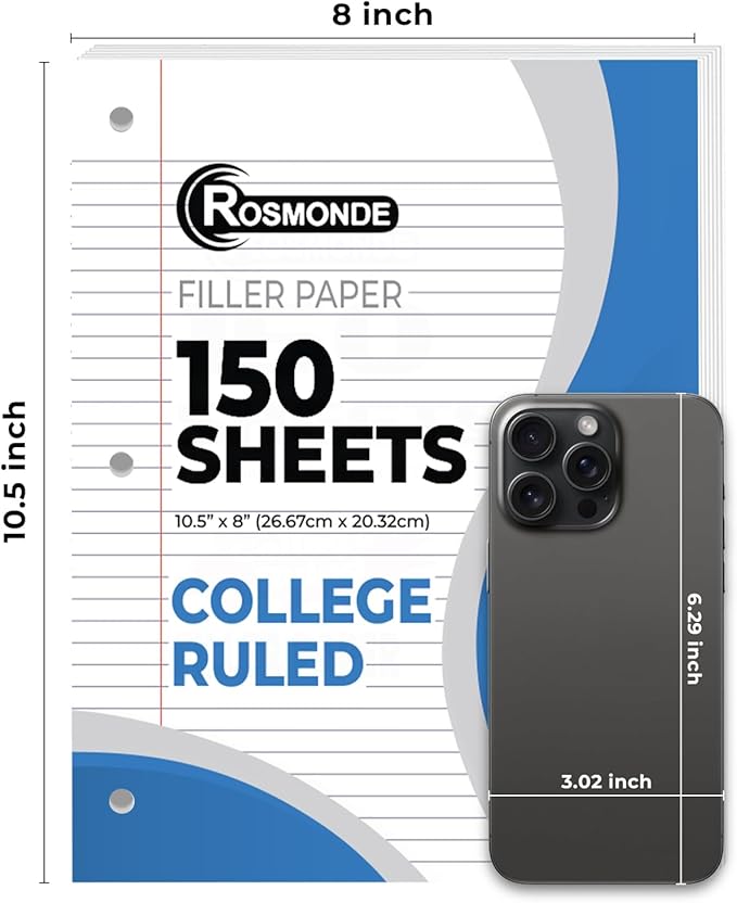 Loose Leaf Paper, 450 Sheets, 3 Pack, College Ruled Paper, 8" x 10.5", Bulk Office Filler Paper, 3 Hole Punched, 150 SheetsPack, 56 gsm Paper, College Ruled Notebook Paper for Binder, White