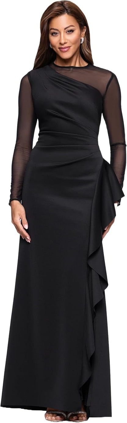 Xscape Women's Scuba Crepe Illusion Neck Mesh Sleeve Ruffle Floor Length Dress.